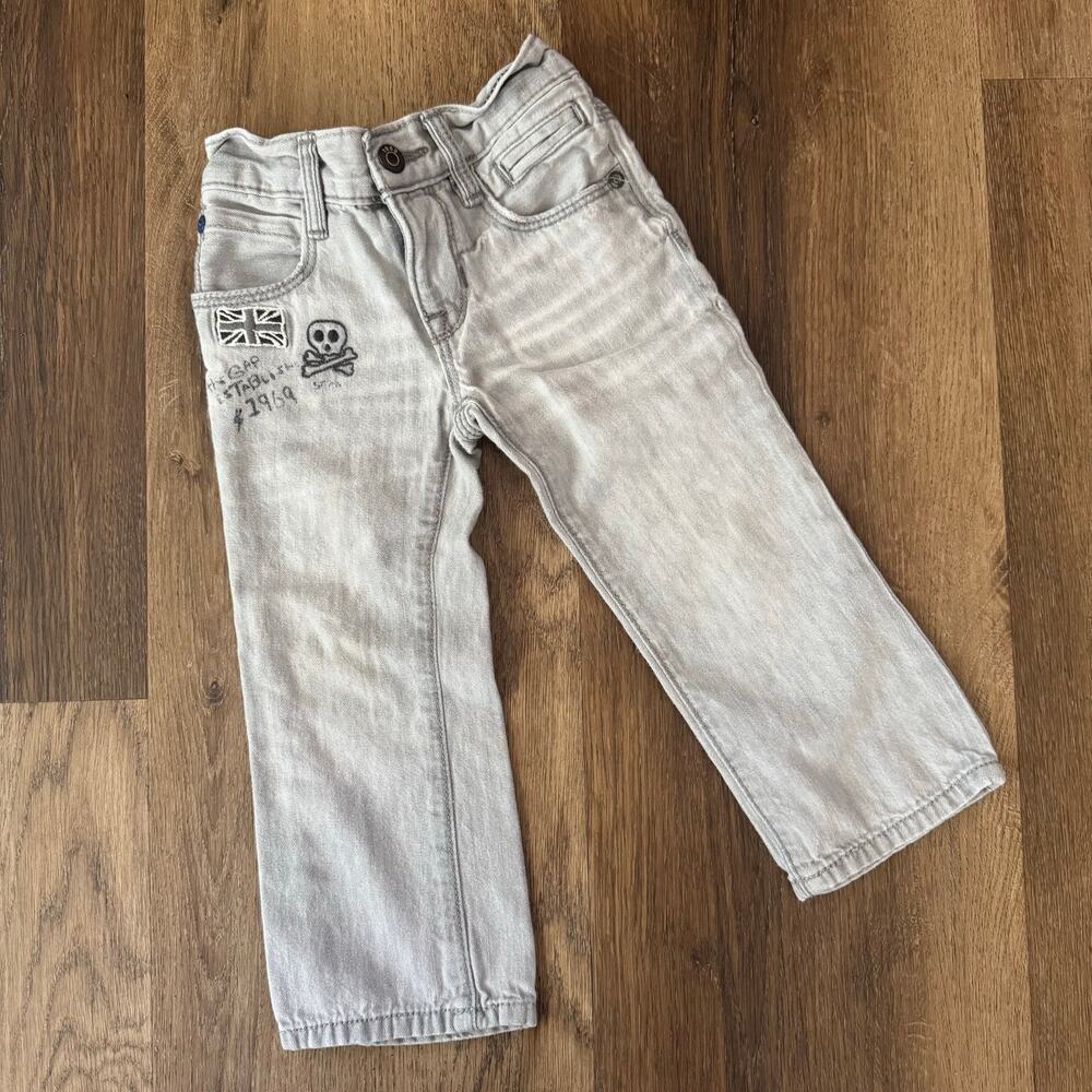 babyGap 1969 Light Gray Jeans with Embroidered British Flag and Skull-and-cross
